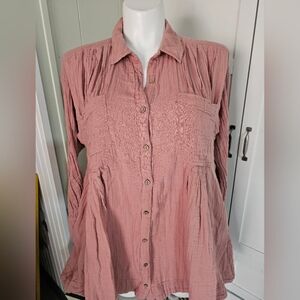 FREE PEOPLE "The Voyager" Tunic Poet Shirt Dusty Pink Crinkle Gauze Oversized M
